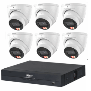 Dahua 6MP 8CH CCTV Kit - 6x Smart Dual Light Turret Cameras with SMD 4.0 &amp; Mic + 8CH PoE NVR (DH-IPC-HDW3667EM-S-IL-ANZ, DHI-NVR4108HS-8P-AI/ANZ)
